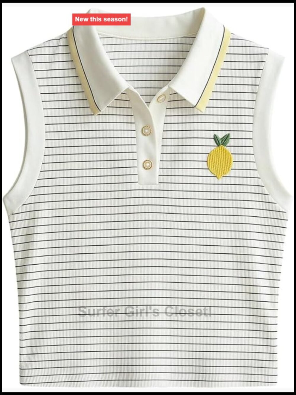 Women's Lemon Embroidered Striped Collar Button Tank Top